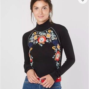 Free People Black Top with Colorful Floral Embroidery M New with tags